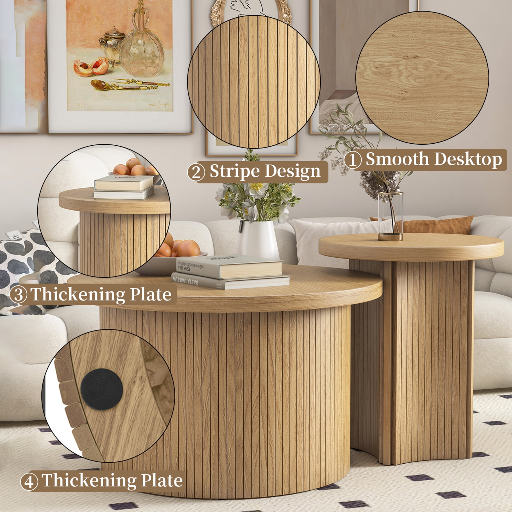 Modern Nesting Coffee Table Set of 2, Wood Round Table for Living Room Bedroom Balcony