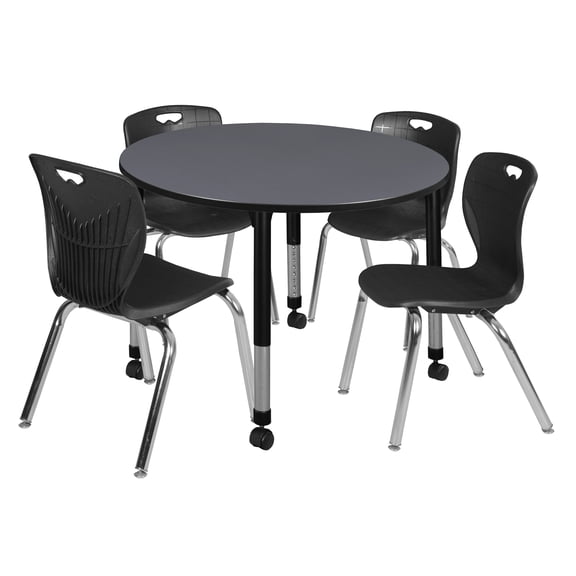 Regency Kee 48 in. Round Adjustable Classroom Table- Grey & 4 Andy 18 in. Stack Chairs- Black
