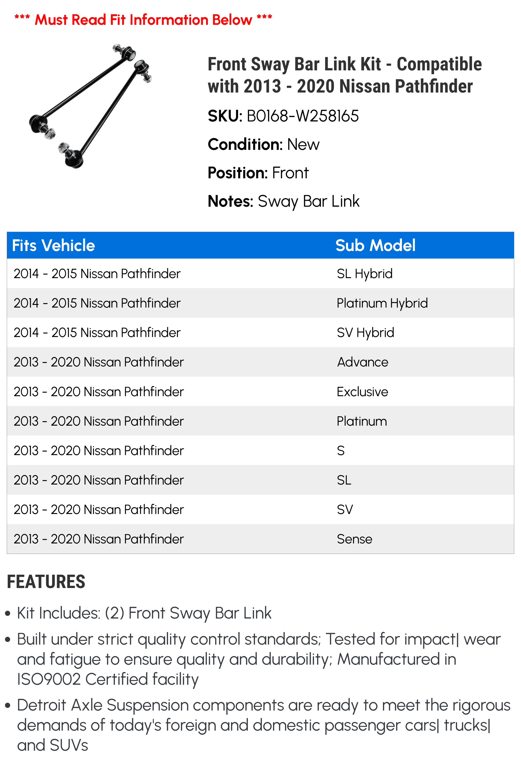 Front Sway Bar Link Kit - Compatible with 2013 - 2020 Nissan Pathfinder 2014 2015 2016 2017 2018 2019