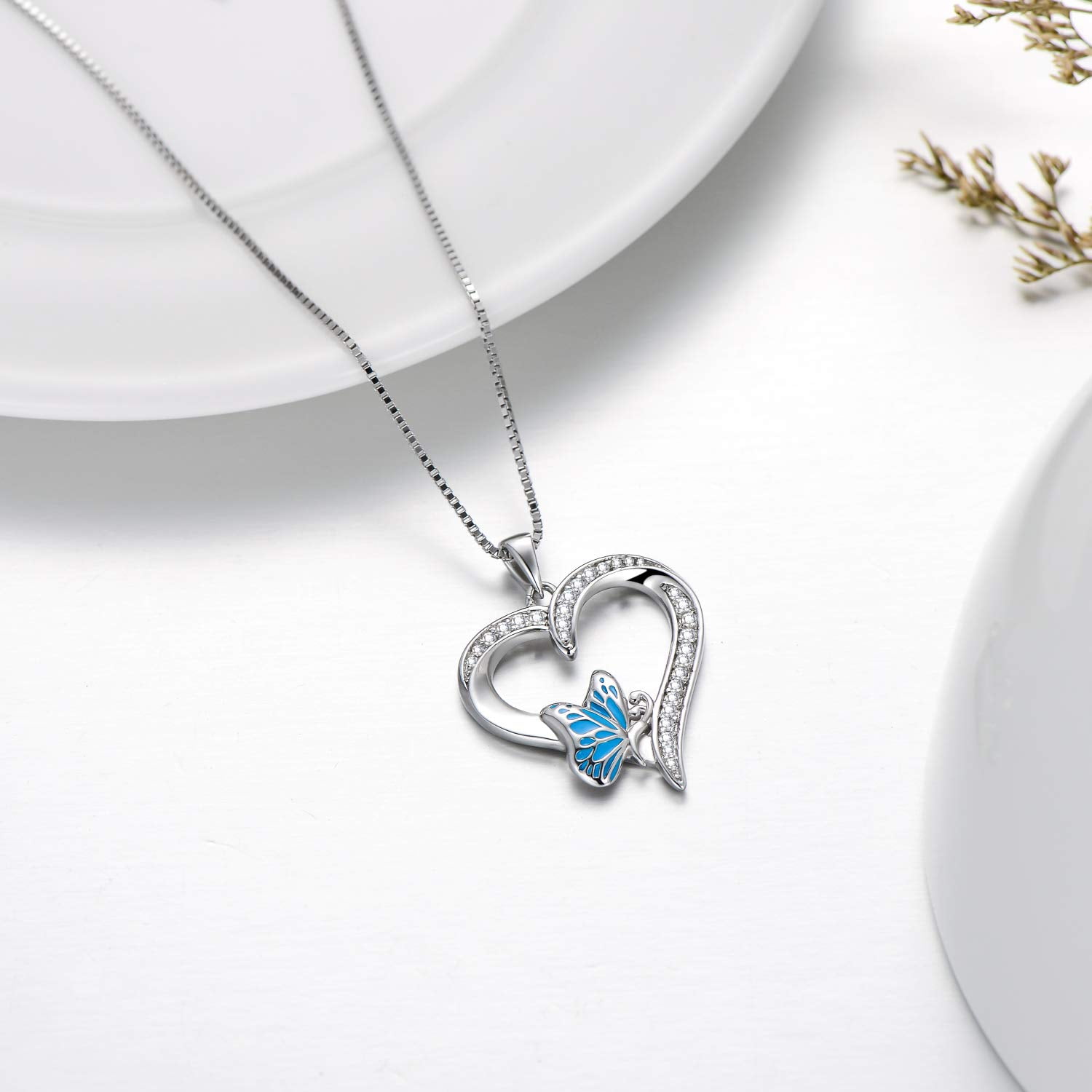 AOBOCO Christmas Gifts for Women, Butterfly Necklace Sterling Silver Heart Pendant with Butterfly Necklace for Women