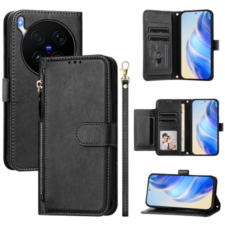 Zipper Wallet Phone Case for VIVO X300 ULTRA 5G-7 Card Slots RFID Blocking Flip Cover with Wrist Strap, Kickstand & Strong Magnetic Closure.S01