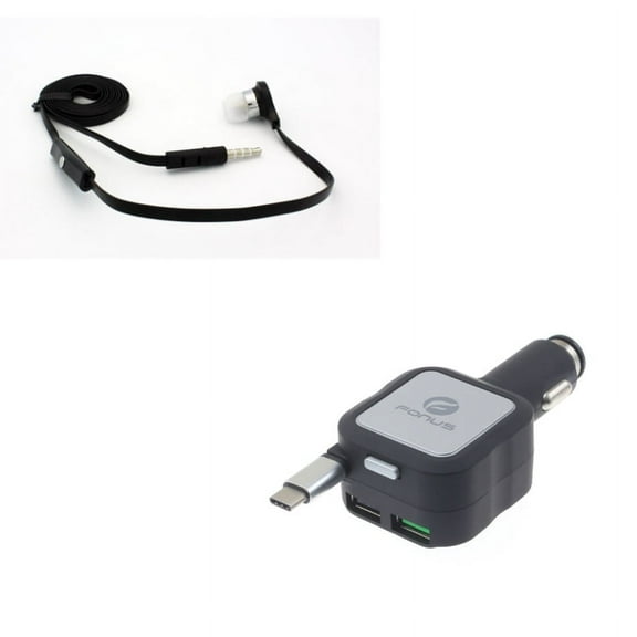 Retractable Car Charger w Wired Earphone Mono Headset P1Z for Acer Liquid Jade Primo - Alcatel PulseMix, 7, Idol 5S 5 4S - ASUS Zenfone V Live, ROG Phone, AR 6 5z 4 Pro - Blackberry Motion