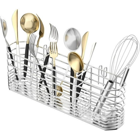 Sink Dish Drainer Adjustable 14.96" to 20.59", Expandable 304 Stainless Steel Metal Dish Drainer with Stainless Steel Cutlery Rack, Above Sink Countertop