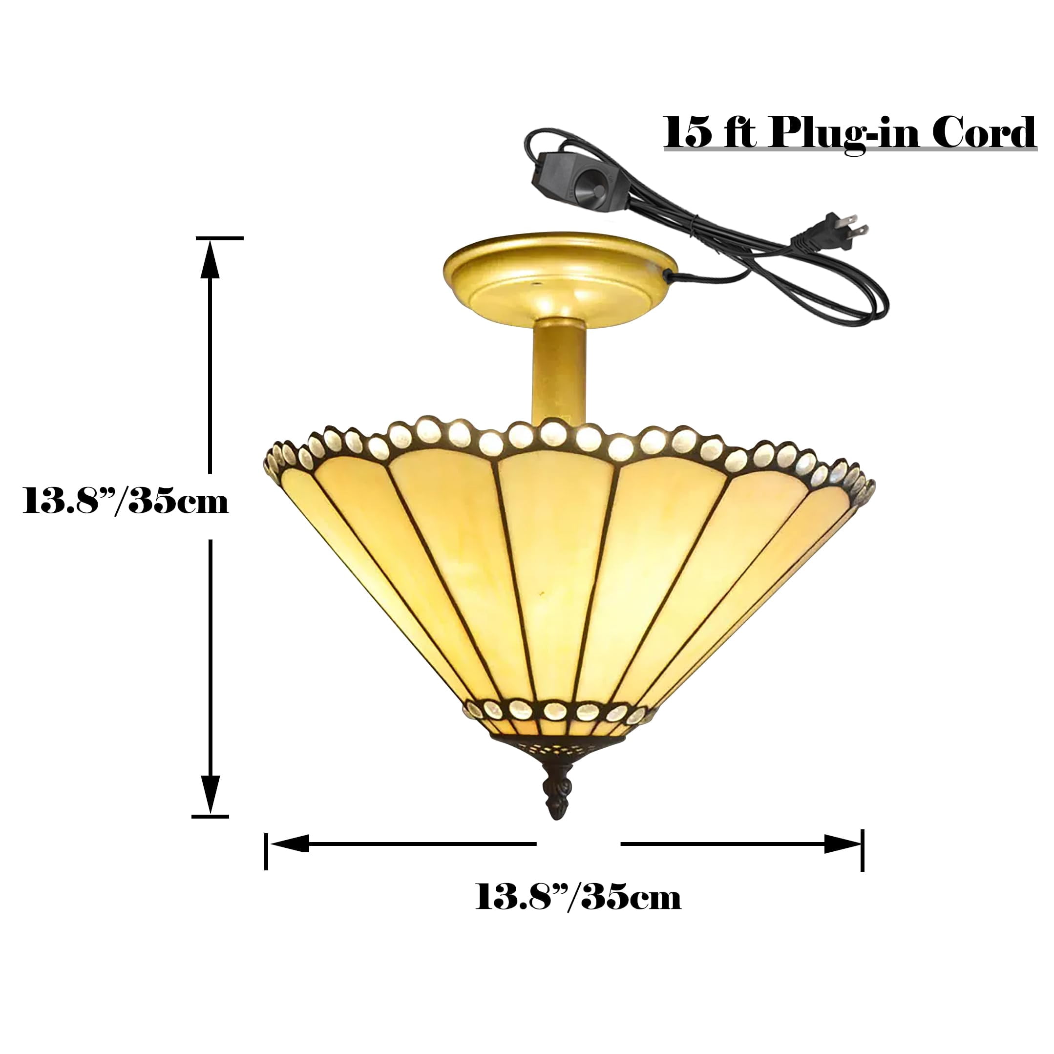 Kiven 13.8in Flush Mount Ceiling Light Fixture Dimmable, 3-Light Anti Glare Close to Ceiling Light with 15FT Plug-in Cord, Tiffany-Style Glass Chandelier for Bedroom Kitchen Hallway(No.3207)