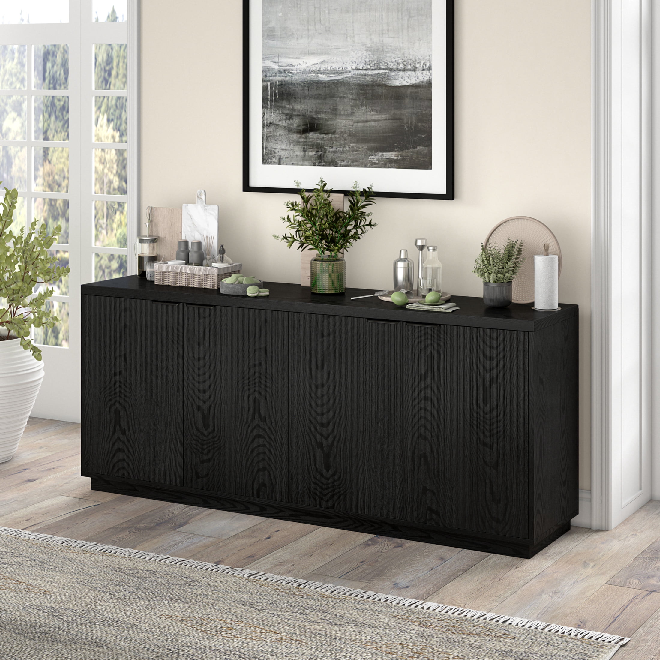 Evelyn&Zoe Modern/Contemporary 68" Wide Black Grain Buffet Table