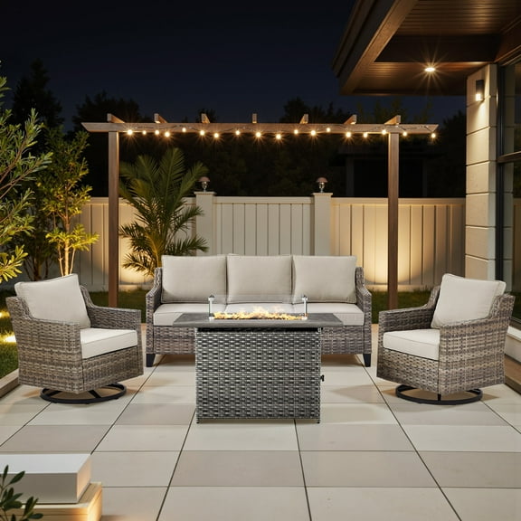 Planntonneo 4 Pieces Wicker Patio Furniture Sets-Rattan Sofa with 2 Swivel Glider Chairs and Fire Pit Table, Outdoor Conversation Sets for Porch Balcony Deck, Grey/Beige