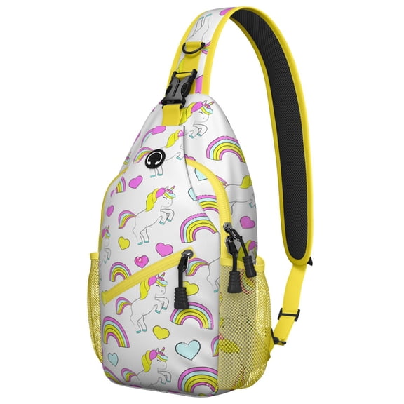 Cute Unicorn and Butterfly Fantasy Scene Sling Backpack, Rainbow Crossbody Bag with Galaxy Sky, Stars, Clouds and Moon Design