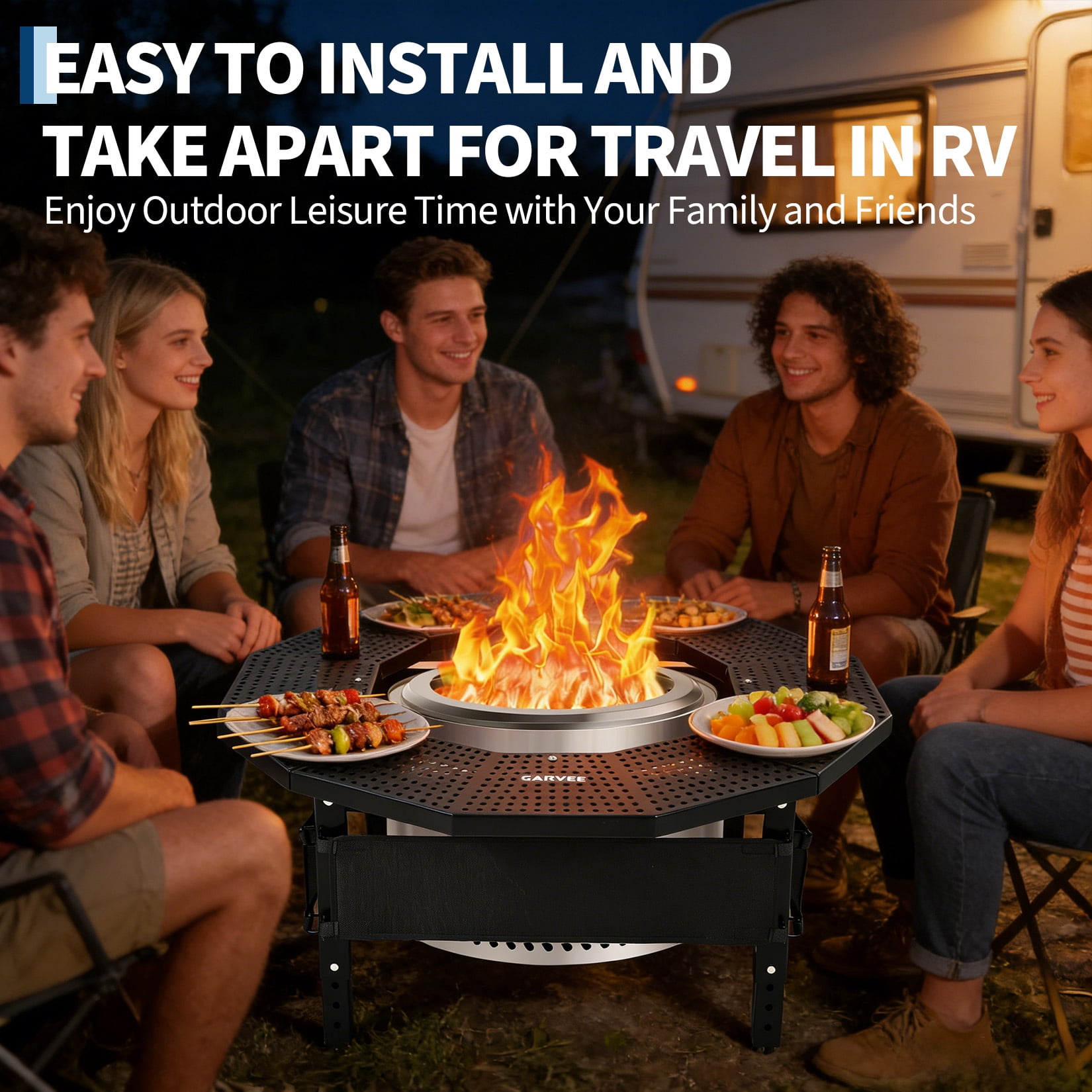 Black Fire Pit Table Surround – 360° Safety Barrier for Solo Stove, Heavy Duty Q235 Steel Campfire Table, UV-Resistant Outdoor Patio Accessory, Rustproof Metal Portable Fire Pit Stand