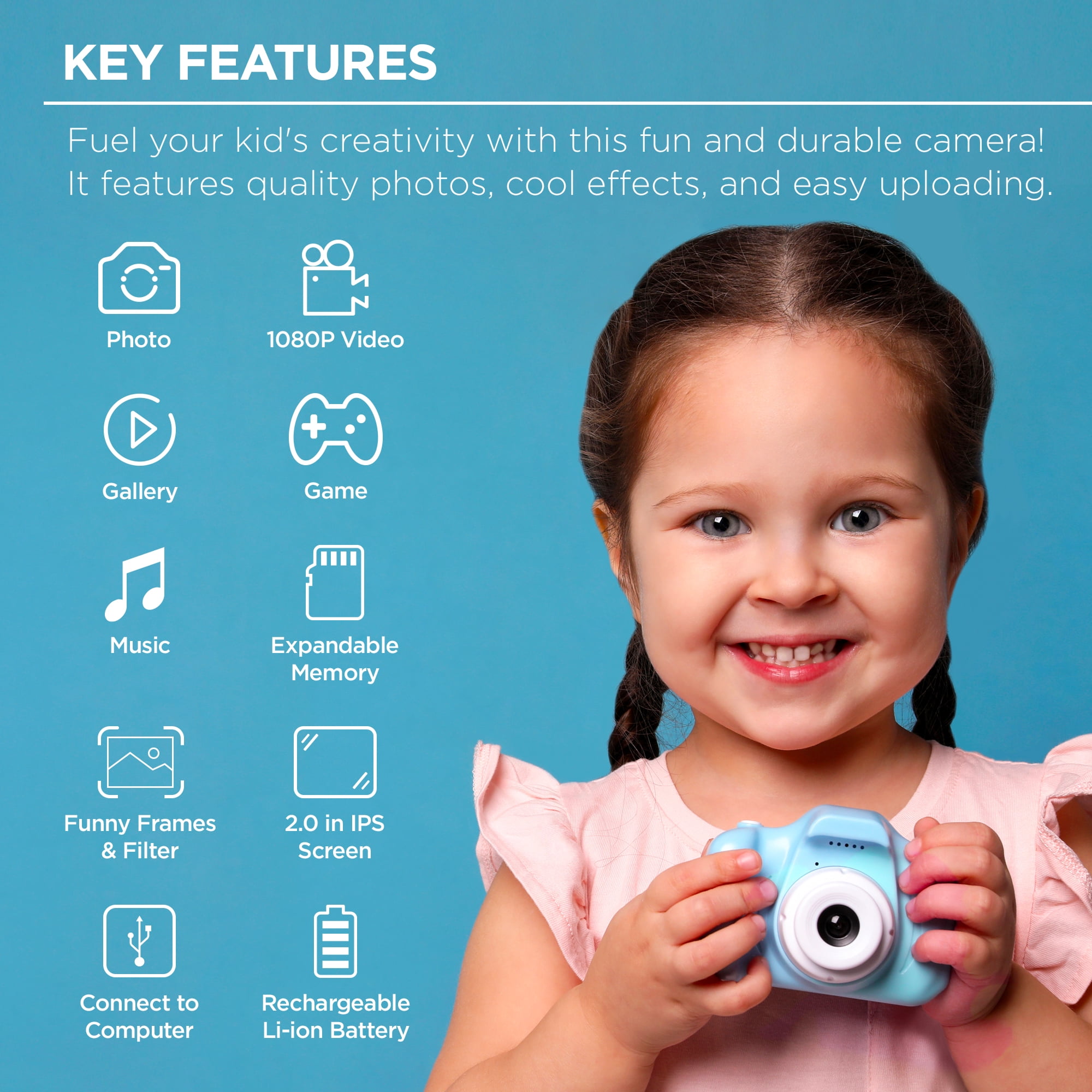 KinderPhoto Digital Camera for Kids - Blue, 3MP, 1080P Video, Games, and More! Merkury Innovations