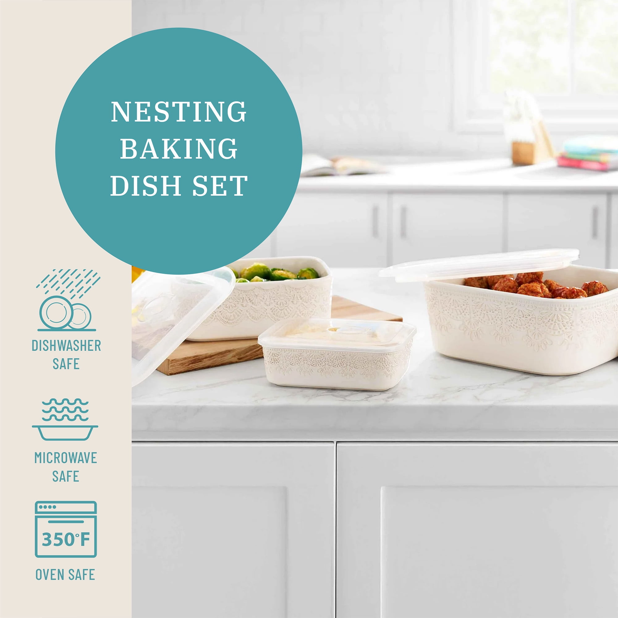 The Pioneer Woman Vintage Lace 6-Piece Nesting Casserole Baking Dish Bakeware Set with Lids, Linen