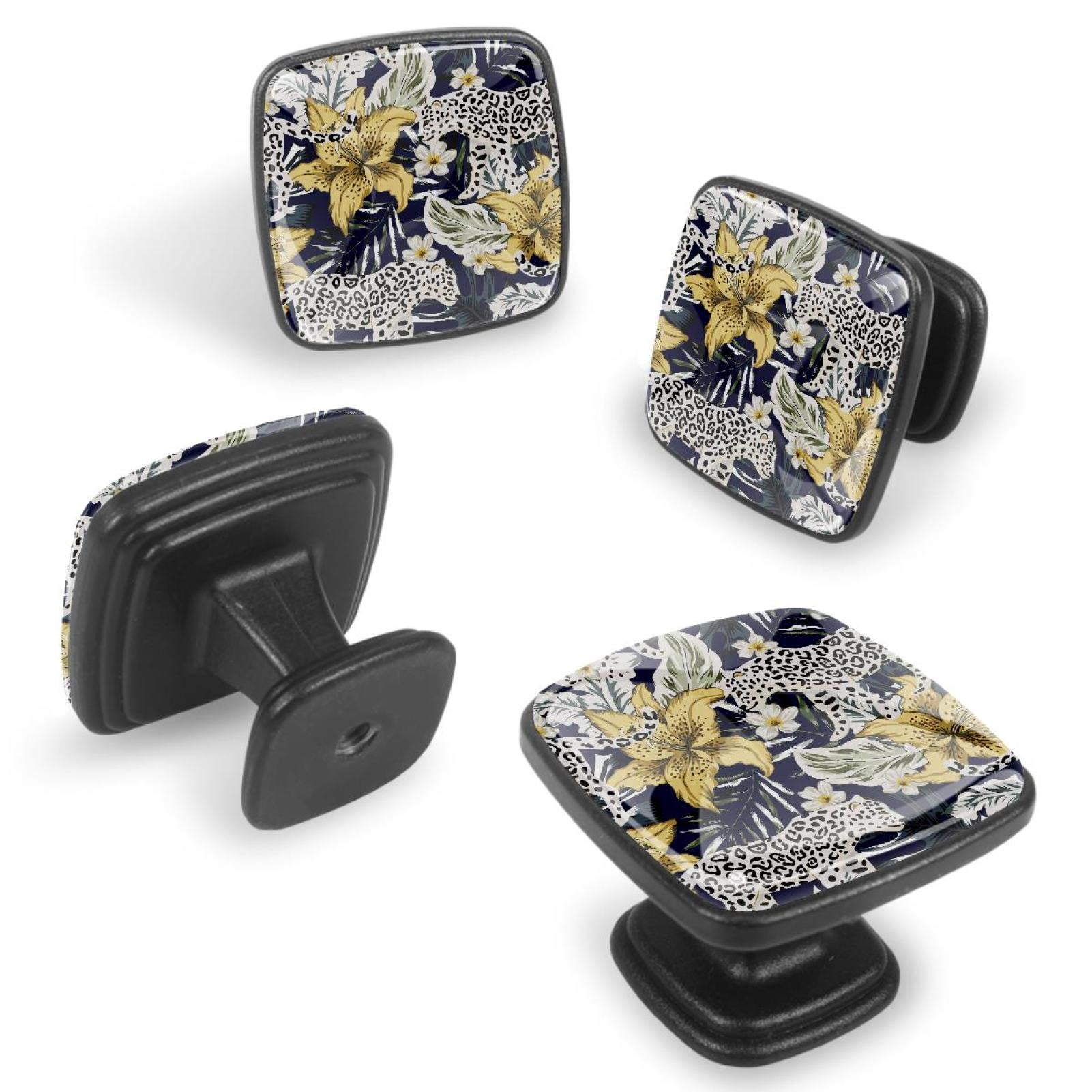 4 Pcs Cabinet Handle Drawer Pulls Tropical Leaves Floral Knobs with Screws Square Furniture Office Cabinet Knob Decoration