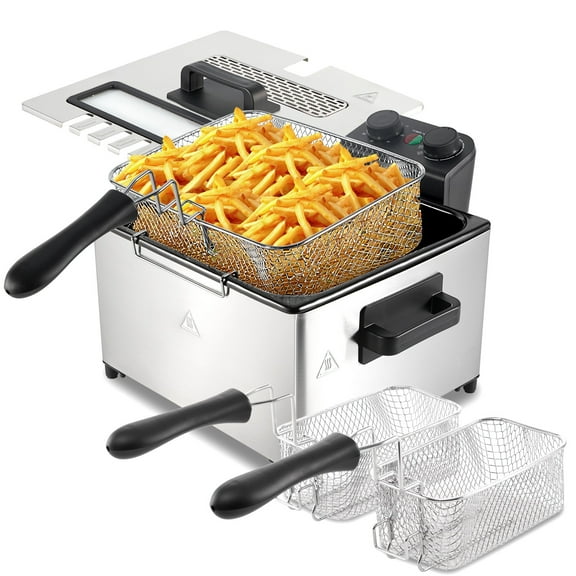 5L Deep Fryer with 3 Baskets, 1700W Electric Fryer with Timer & Temp Control, View Window & Odor-Free Filter, Stainless Steel, Dishwasher Safe for Home