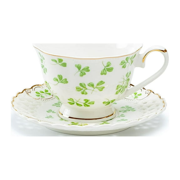 Grace Teaware Shamrock Fine Porcelain Tea Cup and Saucer Set with Pierced Design Hand Painted Gold Detailing