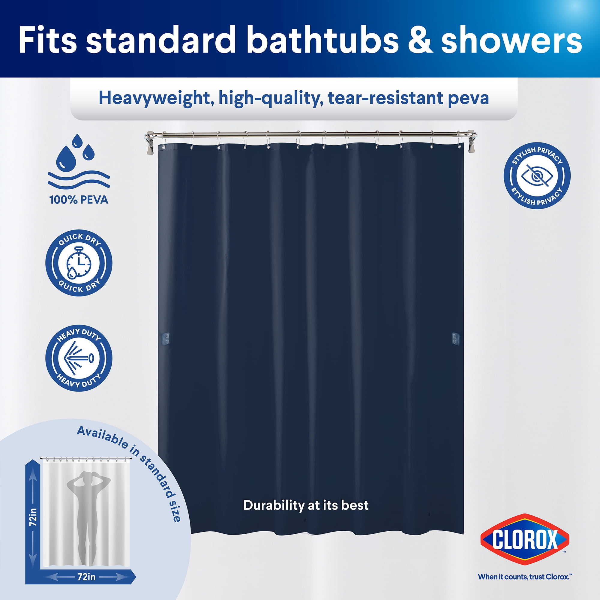 Clorox Shower Curtain Liner Heavyweight Waterproof PEVA with Metal Grommets 72" x 72" Blue