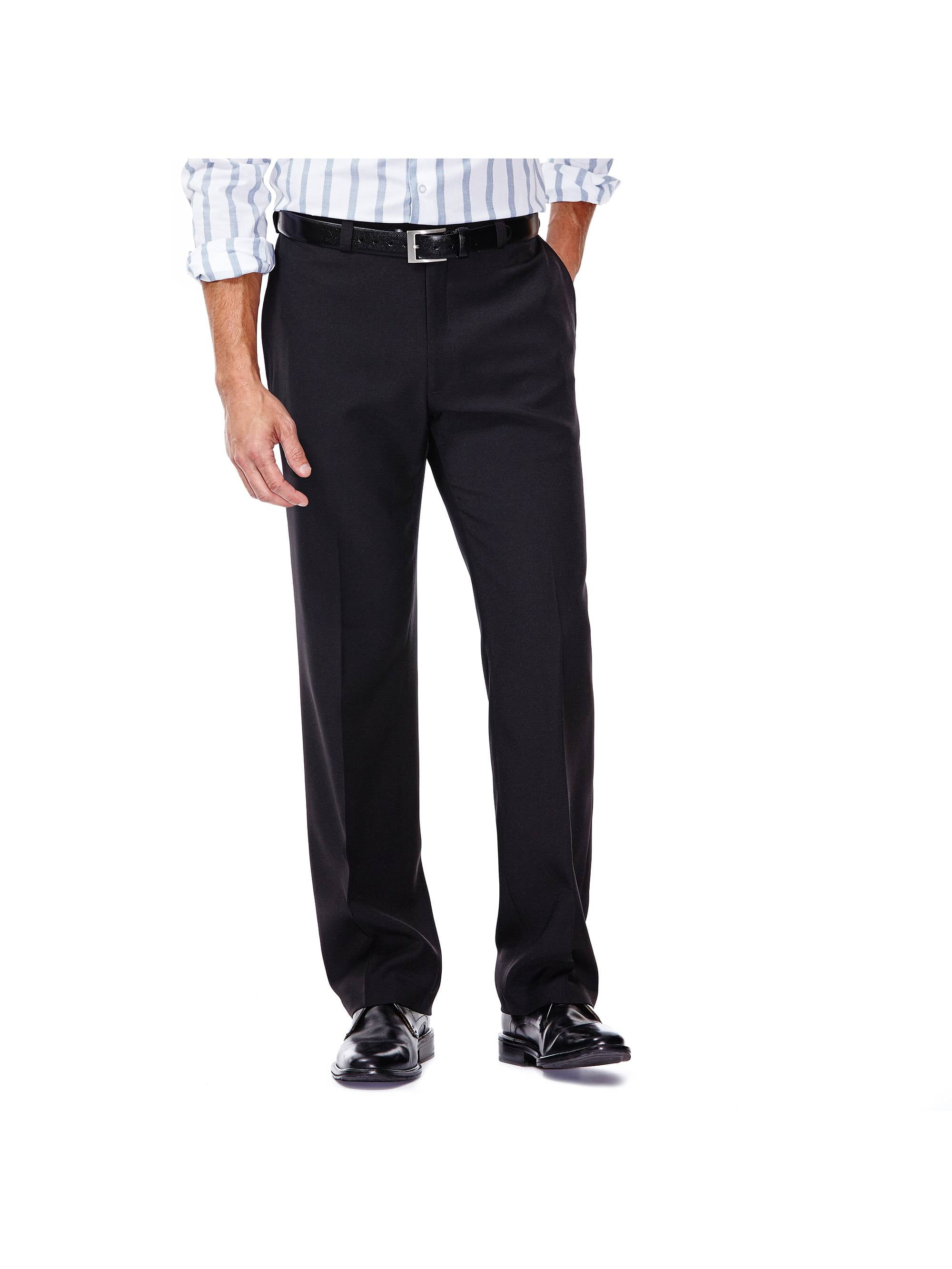 Haggar Mens Stretch Stripe Belted Poplin Classic Fit Flat Front Pant