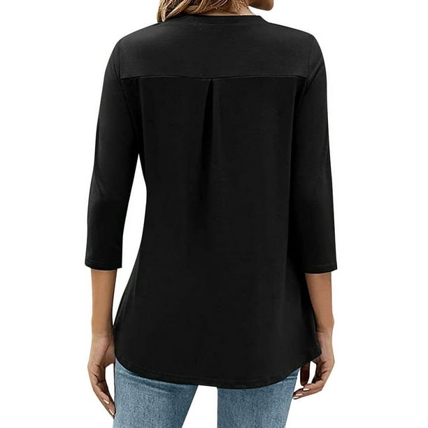トップス S.cou ZXSXSY Women 3/4 Sleeves Notch V Neck Ruched Solid Color