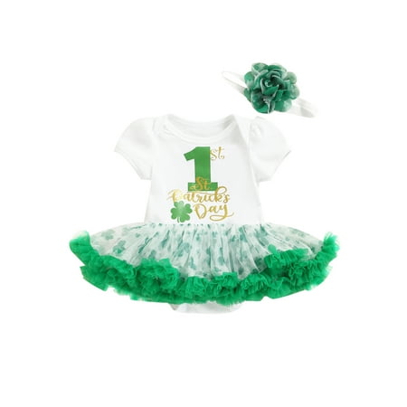 

Biayxms Baby GirlsSpring Holiday Outfits Short Sleeve Letter Print Tops Romper Lace Layer Tulle Tutu Dress St. Patrick s Day