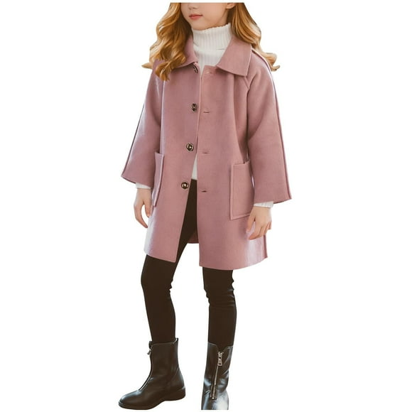 Yanlir Girls Winter Padded Wool Blend Coat with Pockets Thickened Warm Pea Coat Casual Outerwear Jacket with Pocket for Big Kids Fashionable Windbreaker(Pink,7 Years)