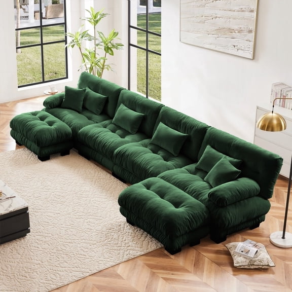 Modern U-shaped Sectional Sofa with Chenille Green Fabric for 4-Seater Living Room, 220×80×75cm