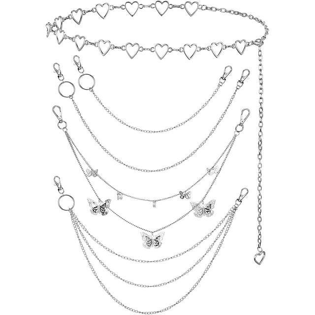 Jinsinto 5 Pieces Chain Belt Jeans Pants Chain Pocket Waist Chain Multi-Layer Hip Hop Metal Wallet Chain Silver