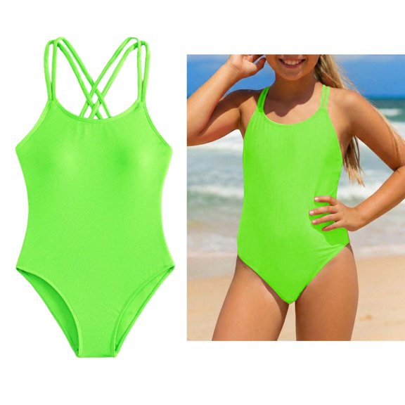 Kids 1 Piece Swimsuit Sleeveless Bathing Suits Quick Dry Swimwear Cross Shoulder Strap Swimming Suit for Girls 8-9 Years