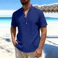 thumbnail image 2 of THDHVS Mens Summer Shirts,Men Solid Color Short Sleeve Mandarin Collar Shirt Half Button Placket Casual,T Shirts for Man Blue L, 2 of 7