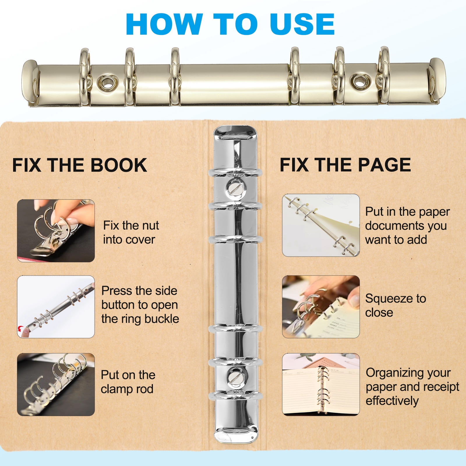 6 Holes Ring Binder, A5 Notebook 20mm Binder Mechanisms, Gold, 4 Set