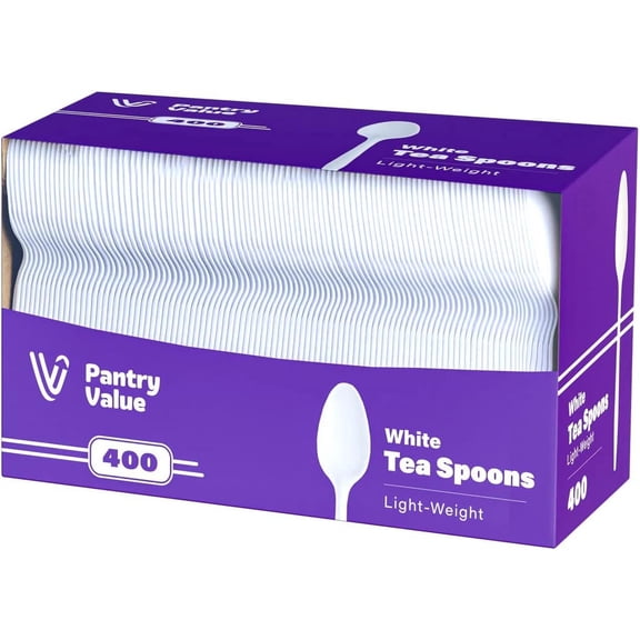 Pantry Value Plastic Teaspoons, Lightweight Disposable Cutlery, White 400-Pack