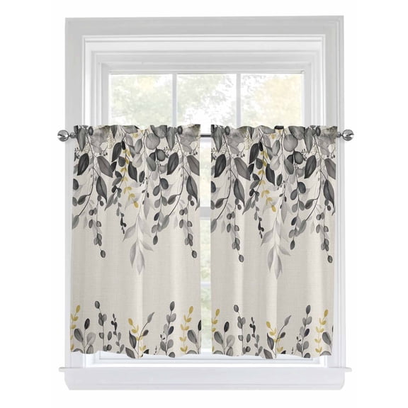 Grey Eucalyptus 2 Panel Kitchen Curtains for Windows, Farmhouse Weeping Leaves on Linen Bathroom Privacy Curtain, Home Décor Window Treatment for Bedroom/Living Room 55"x45"
