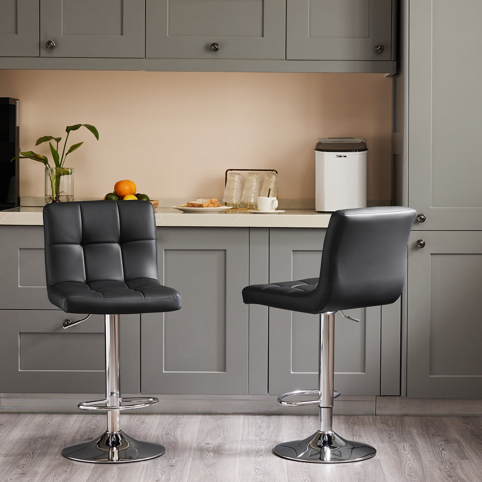 Bar Stools Set of 2, Adjustable PU Leather Barstools with Back, Swivel Armless Counter Height Chairs for Kitchen Island & Dining Room, Black
