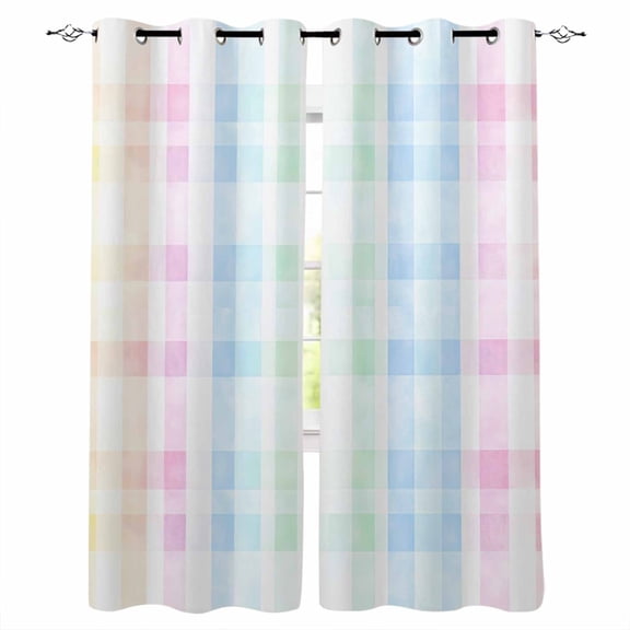 Blackout Curtains for Bedroom, Blue Pink Plaid Room Darkening Window Drapes for Living Room, Pastel Green White Buffalo Patchwork Thermal Insulated Grommet Curtains, 52x90 inch, 2 Panels