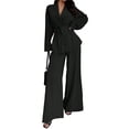 thumbnail image 3 of Women's Casual Lounge Two Piece Outfits Long Sleeve V Neck Wrap Tie Waist Shirt Wide Leg Pants Sets Black L, 3 of 10