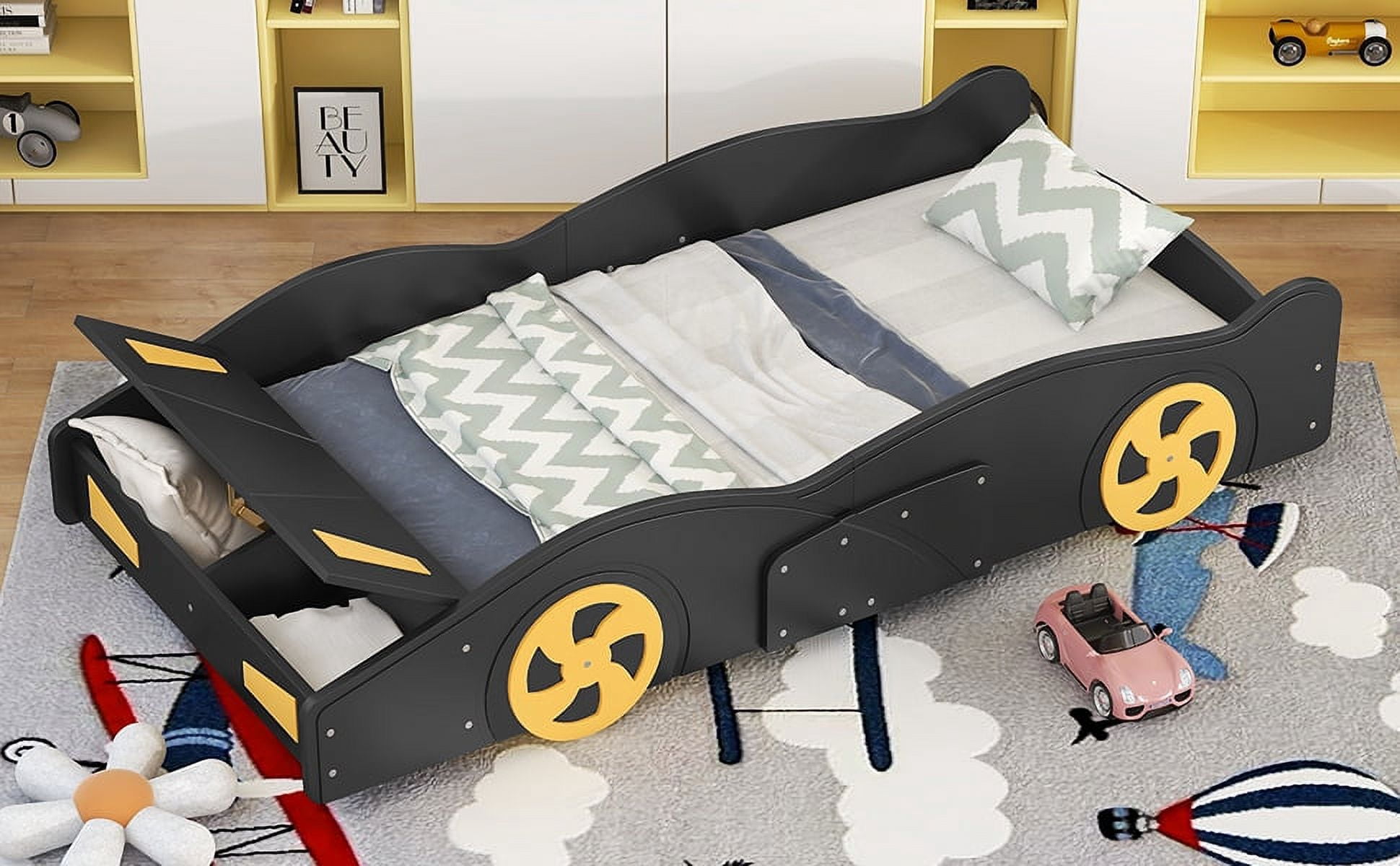 imerelez Twin Size Race Car-Shaped Platform Bed with Wheels and Storage, Black+Yellow