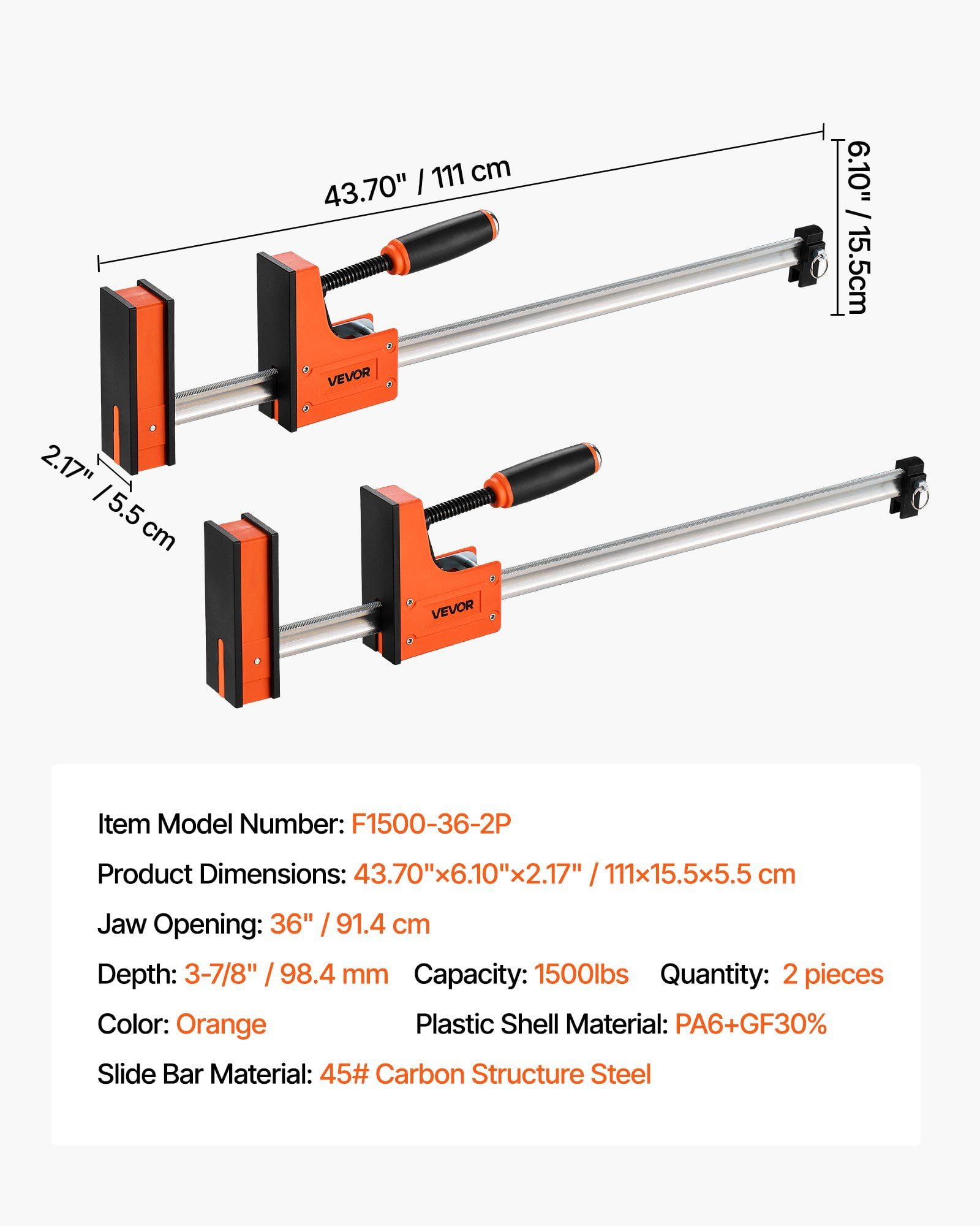 CAFORKP 36" Bar Clamp Set of 2 - 1500lb Force Parallel Clamps for Woodworking, Orange