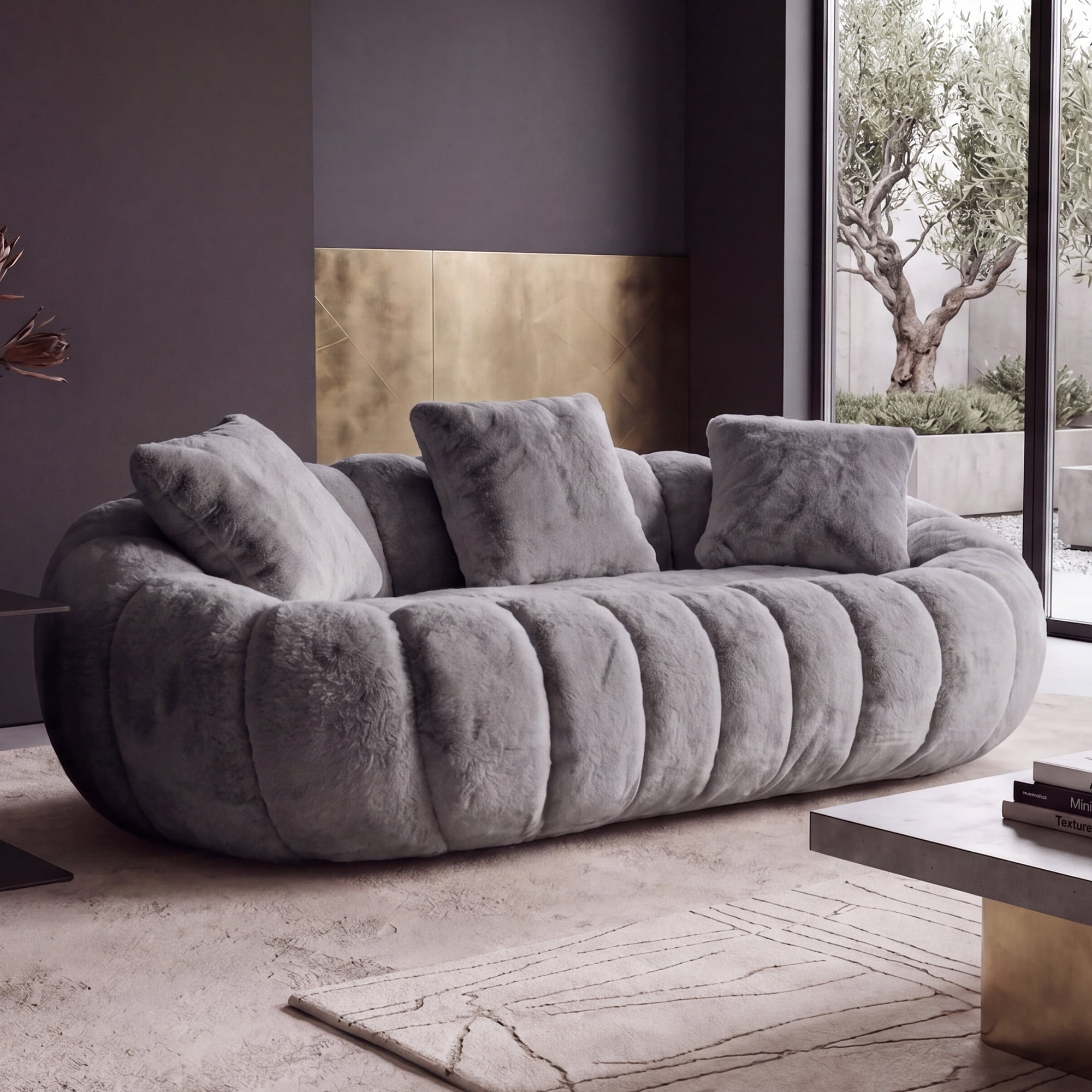 Floral-Shaped Ultra-Soft Faux Fur Sofa, Large Living Room Loveseat for 2 People with High-Density Shredded Foam, Gray