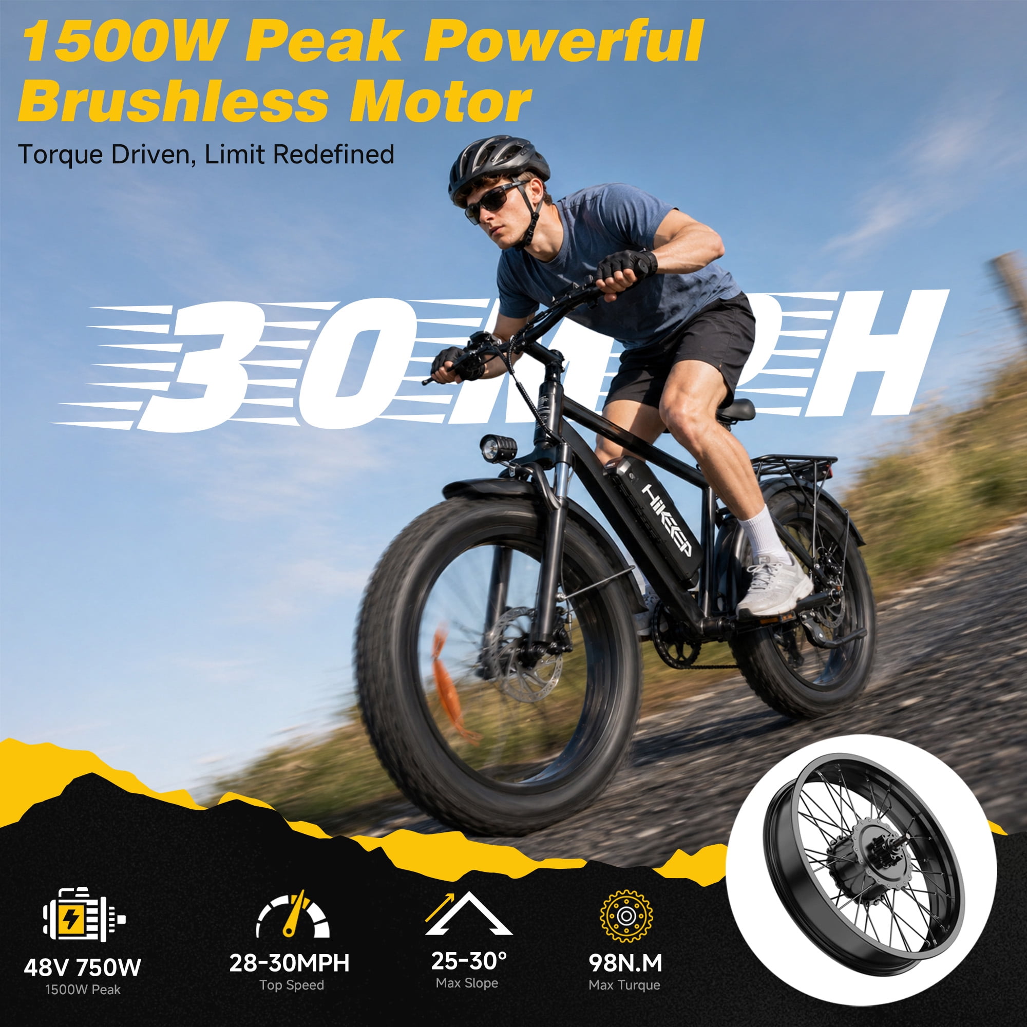 HiKeep 26" Electric Bike for Adults 1500W Peak, 48V 15.6Ah Removable Battery, 30MPH Electric Bicycle, 26x4" Fat Tire Mountain Ebike, Shimano 7 Speed, UL2849, Black