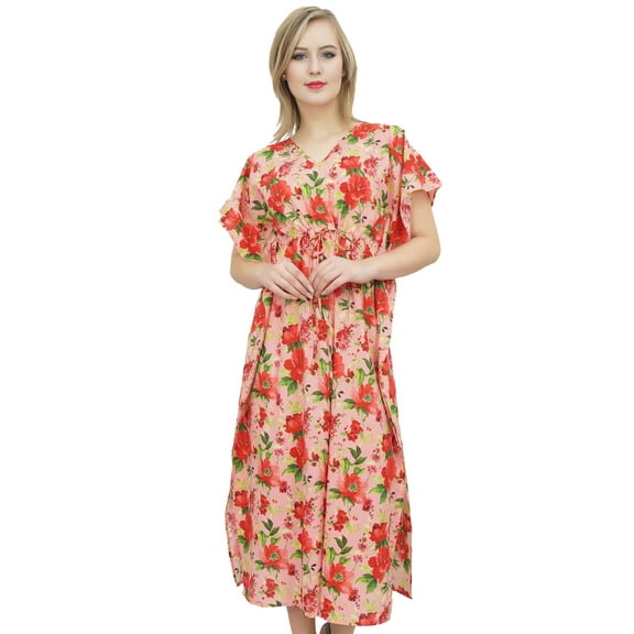 Bimba Women's Floral Maxi Peach Long Kaftan Cotton Coverup Bridesmaid Dress-4