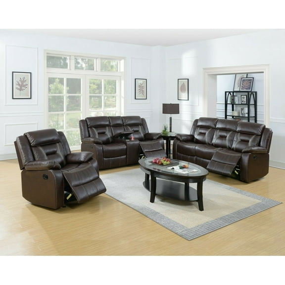 Contemporary Cushion Living Room Reclining Motion Sofa Motion Loveseat w Console Chair 3pcs Set Dark Brown Gel Leatherette