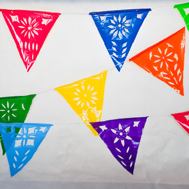 Adorno de PAPEL PICADO Artemex TIRA de banderin PLÁSTICA FLORES para FIESTA 10 pzas