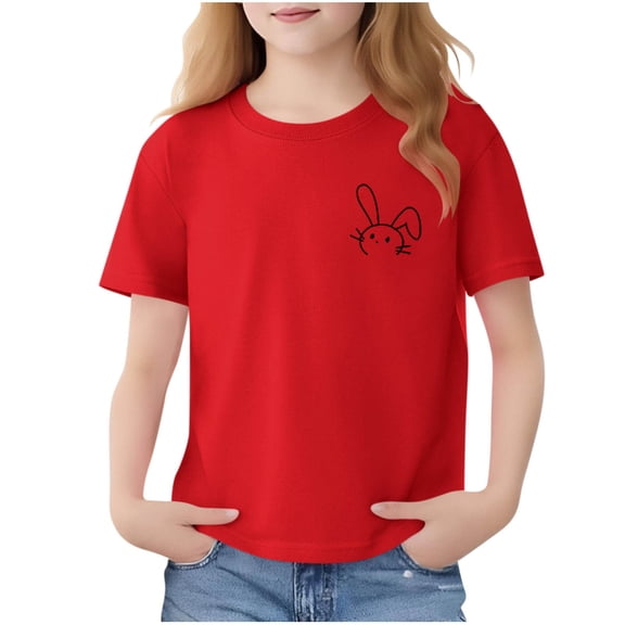 IVEYRTF Girls Simple Bunny Print Short Sleeve T-Shirt Round Neck Pullover Top for Everyday Wear Simple Style Comfort Fit Basic Tee Top(Red#3,3-4 Years)