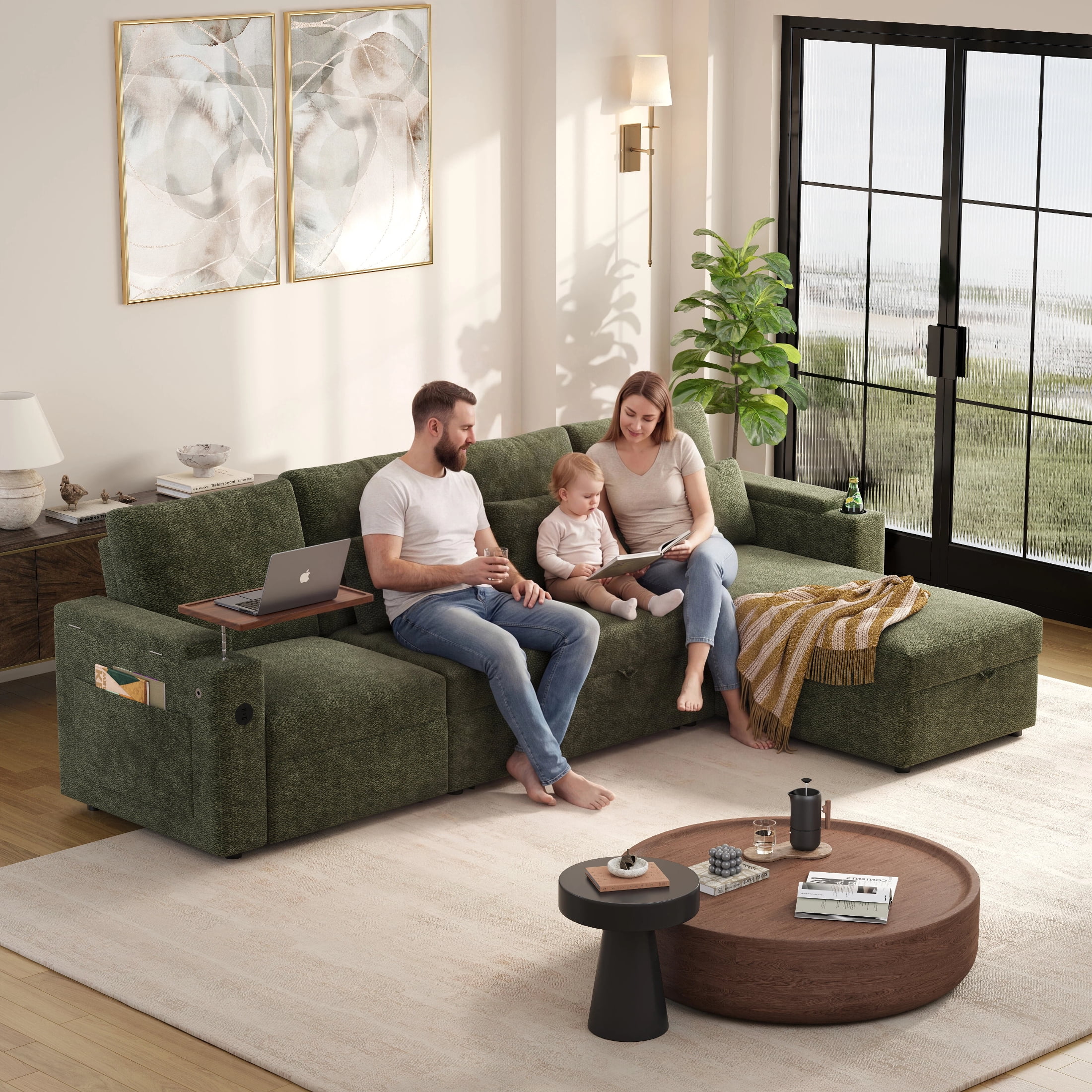 AISWORD 108" 3-in-1 Convertible Pull Out Sofa Bed, 6 Position Adjustable Sleeper Couch with USB Ports, Laptop Table, Cup Holders & Side Storage Pockets, Green