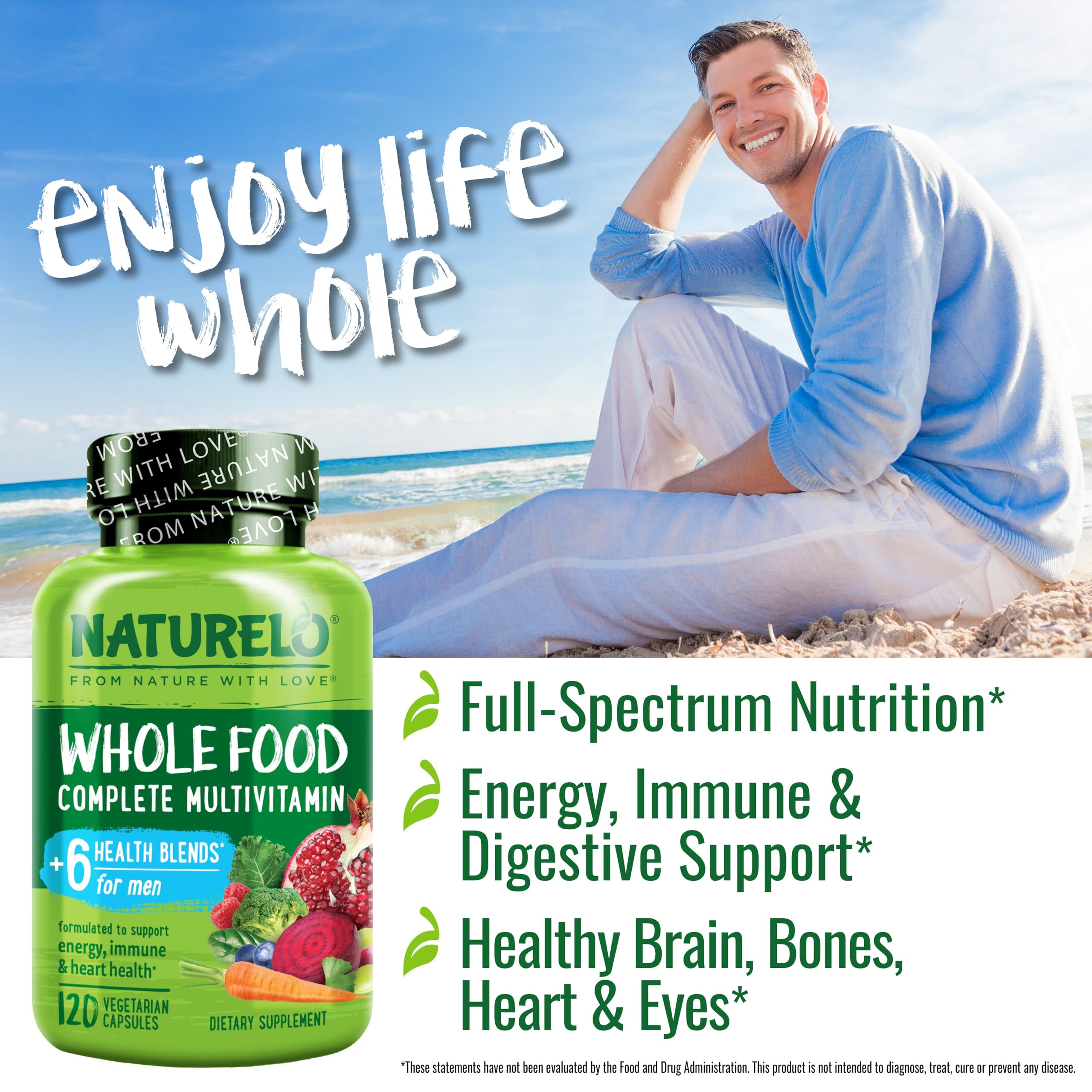 NATURELO Mens Multivitamins - Whole Food Multivitamin for Men with Vitamins, Minerals - 120 Vegetarian Capsules for Energy, Brain, Heart, Eye Health*