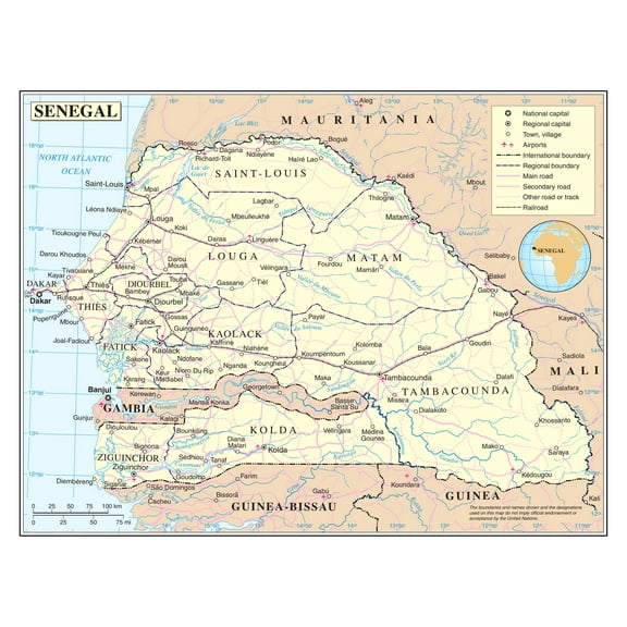 Palmetto Posters 24x31 Laminated Poster: Large detailed political and administrative map of senegal with roads railroads cities and airports