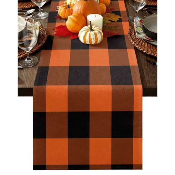 Table Runner 90 Inches Long, Halloween Theme Black and Orange Plaid Cotton Linen Table Runners Non-Slip Durable Dresser Scarves for Table Party Dinner Holiday Home Decor, 1 Pack