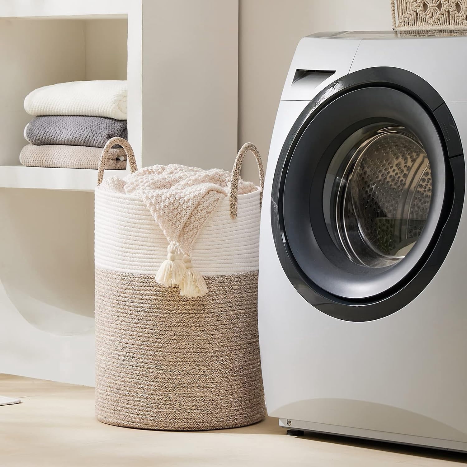 YOUDENOVA Laundry Hamper Basket, Woven 58L Tall Laundry Basket for Blanket Organizer- Nursery Hamper for Bedroom And Bathroom Storage