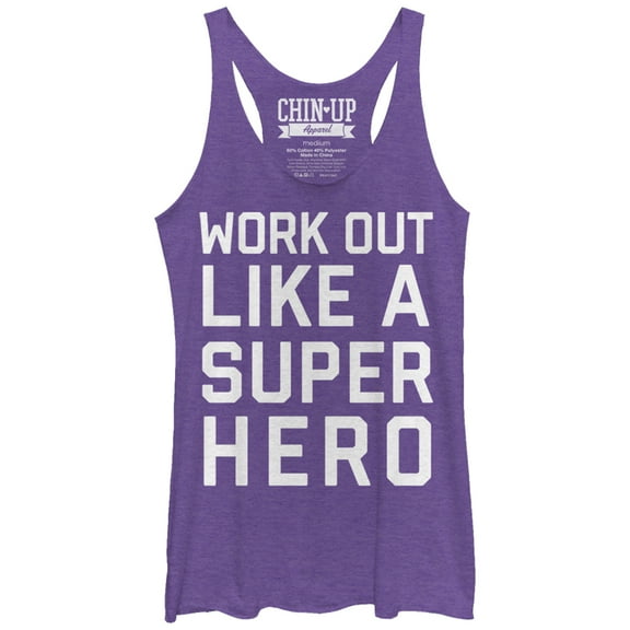 Women's CHIN UP Work Out Like a Super Hero  Racerback Tank Top Purple Heather Medium