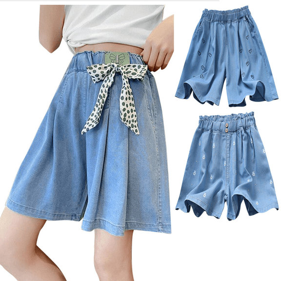 Isvgxsz 2 Pcs New Denim Shorts Girls Cute Love Print Summer Little&Big Shorts Jeans with Pocket Skin-Friendly Elastic Waist Girls Shorts Jeans