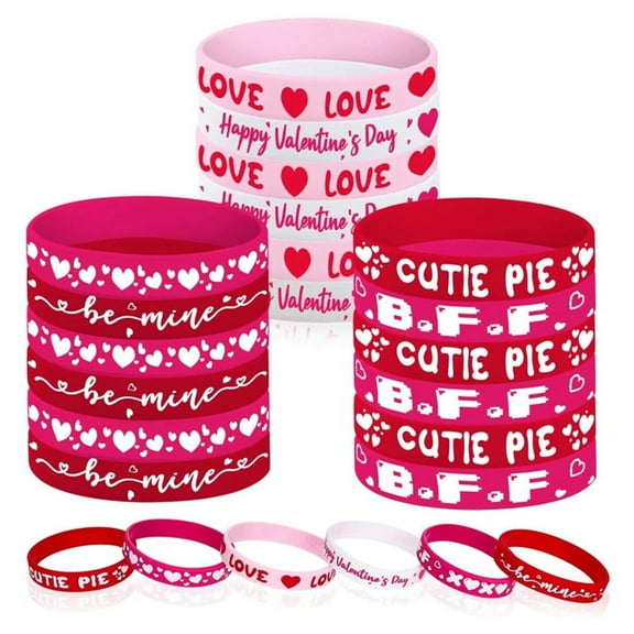 24Pcs Valentine's Day Party Favors Silicone Bracelets Pink Red Love Heart Wrist Bands for Kids Adults Gift (6 Designs)
