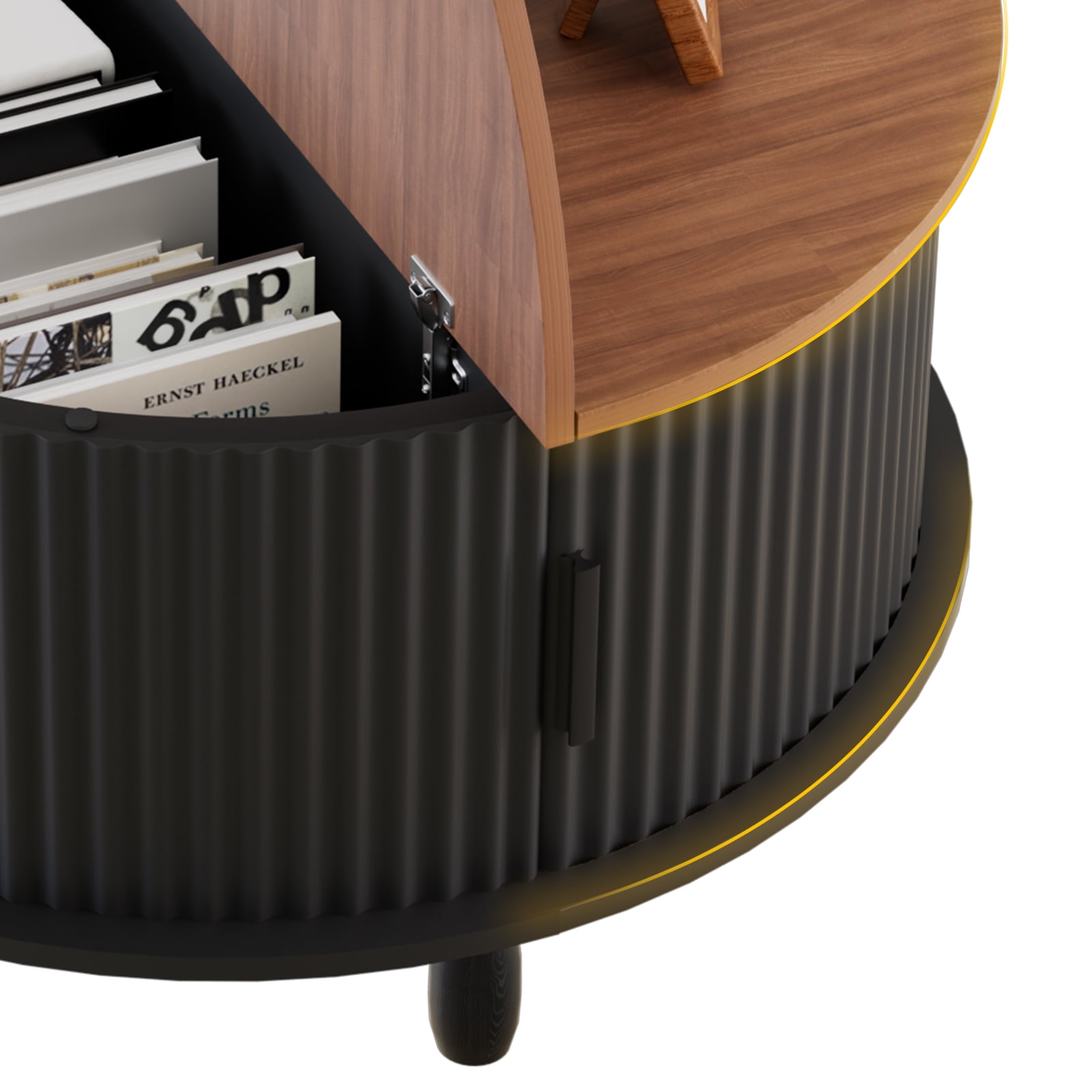 Strafriture Round Coffee Table with Storage, 30.7" Modern Coffee Table with 360° Curved Sliding Door, Fluted Wood Coffee Table with Footpads, Round Center Table for Living Room, Black