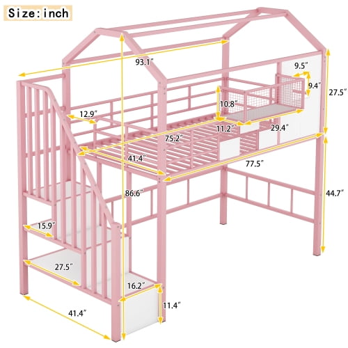 Yoneston Twin Size Loft Bed with Stairs and Storage Box, Heavy Duty Metal Loft Bed with Roof Design for Kids Teens, Pink